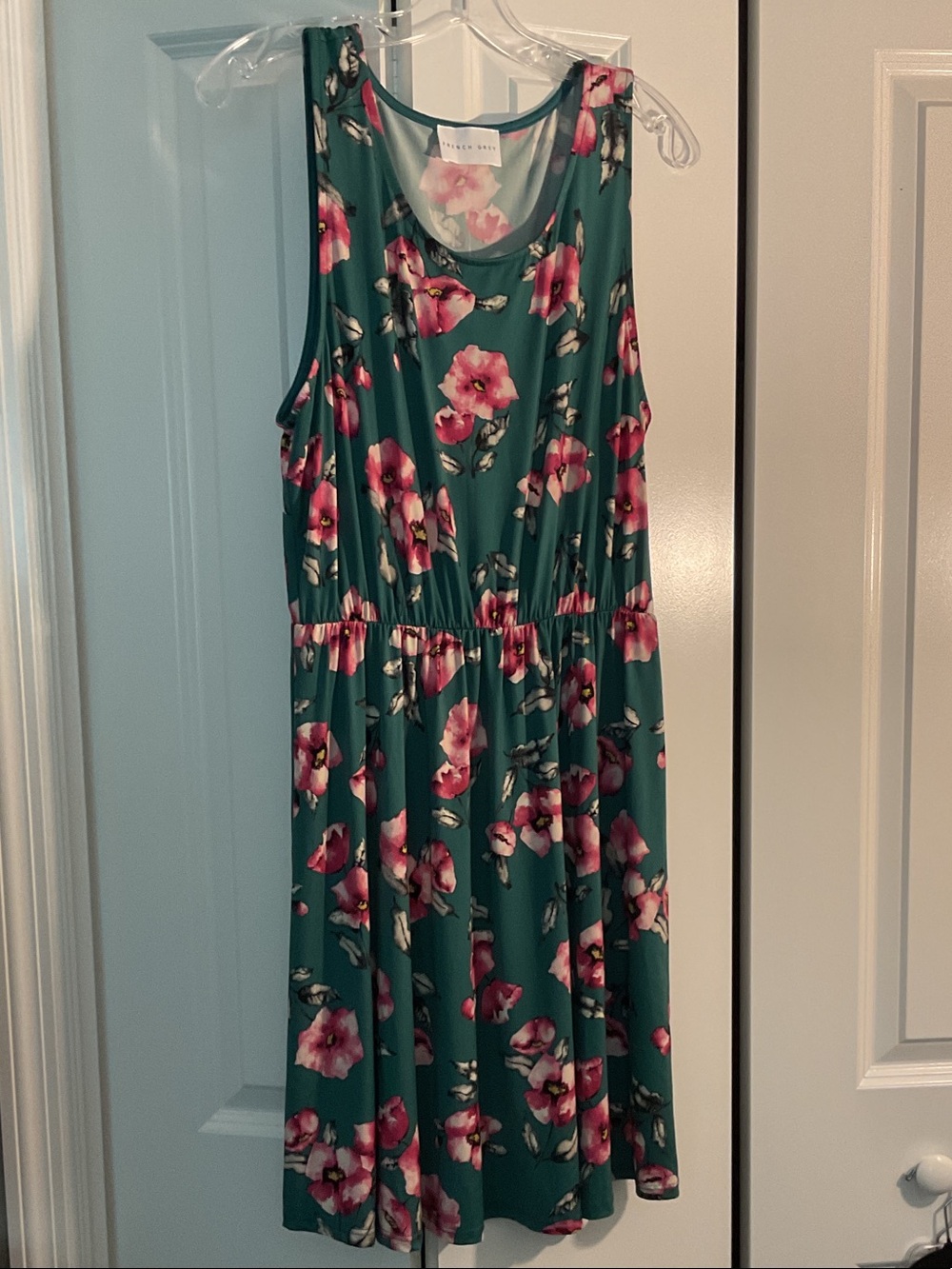 French Grey Teal Floral Sleeveless Dress with Pink Flowers